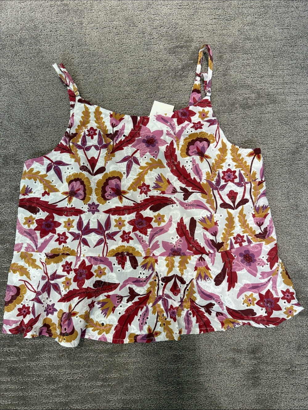 Bobi Floral Eyelet Ruffle-Hem Cami in Pink, Mustard & Red